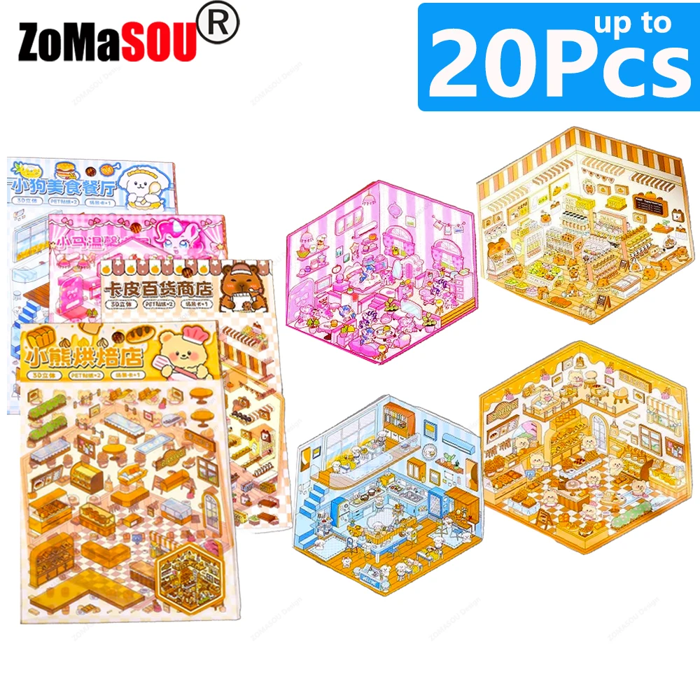 بالجملة! 3D PET ملصق المناظر الطبيعية لطيف الكرتون جيب المشهد DIY المقصورة ملصقات التراص حساب اليد هدية للطفل الطفل