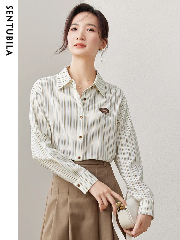 SENTUBILA Polo Striped Shirt for Women 2025 Spring New Fashion Long Sleeve Button Up Blouse Lady Letter Contrast Top 133C50734