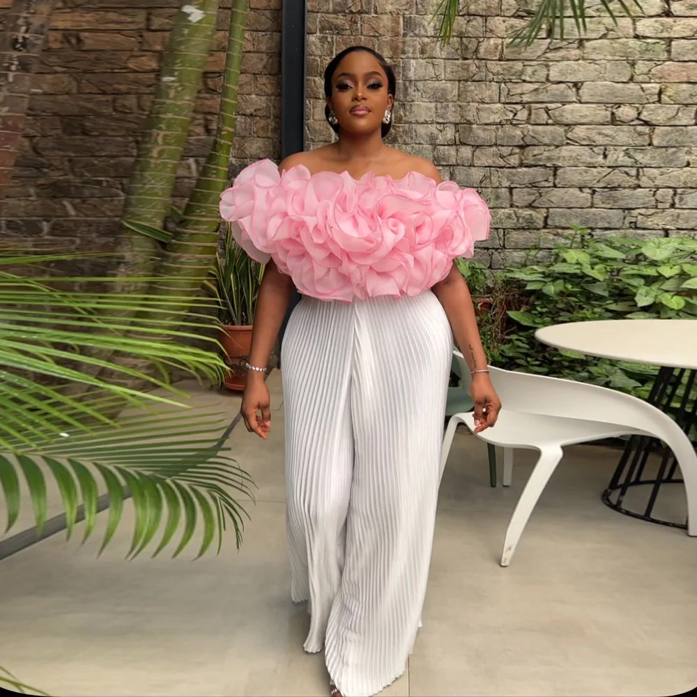 

Aso Ebi Stylished Party Dresses 2 Pieces Ruffles Organza Top And Loose Long Pleated Pant Fashion Women Set