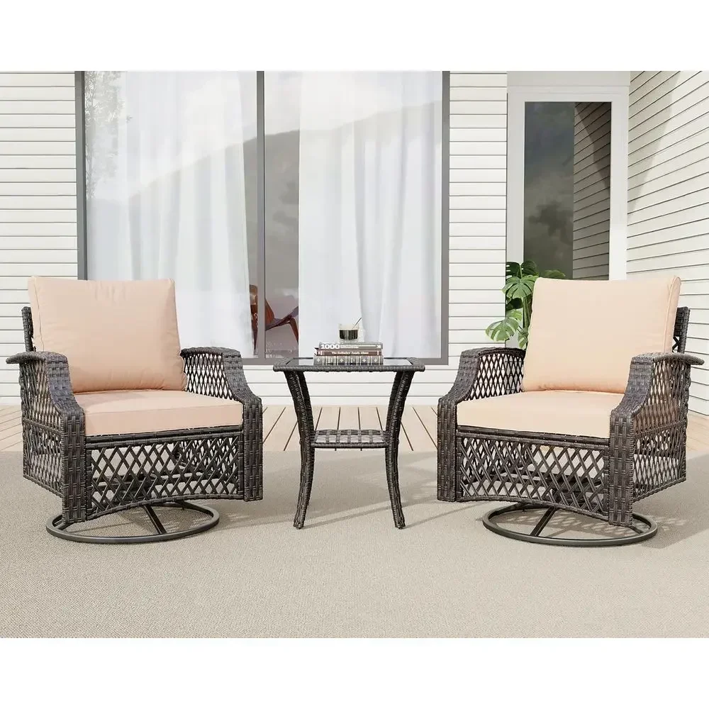 3-Piece Outdoor Swivel Chair Set with Wicker, Cushions, and Glass Table for Patio, Deck, or Garden (Khaki)