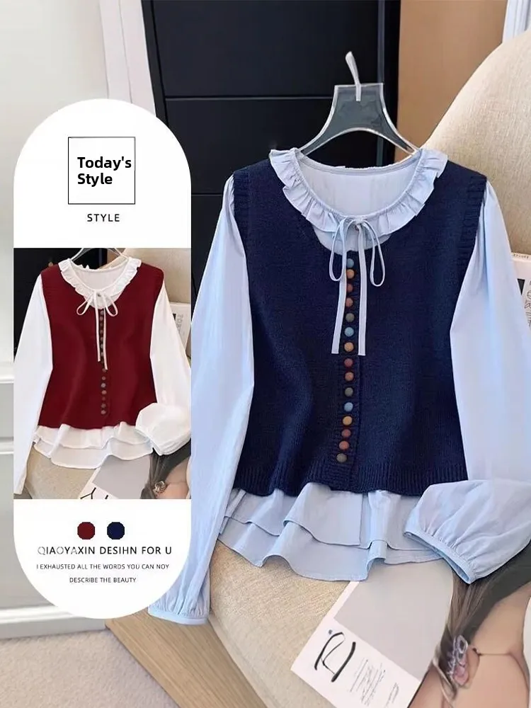 

Retro Korean Style Long Sleeve Knitted Vest Shirt Set with Rainbow Button Lotus Leaf Collar Light Weight Breathable Comfortable