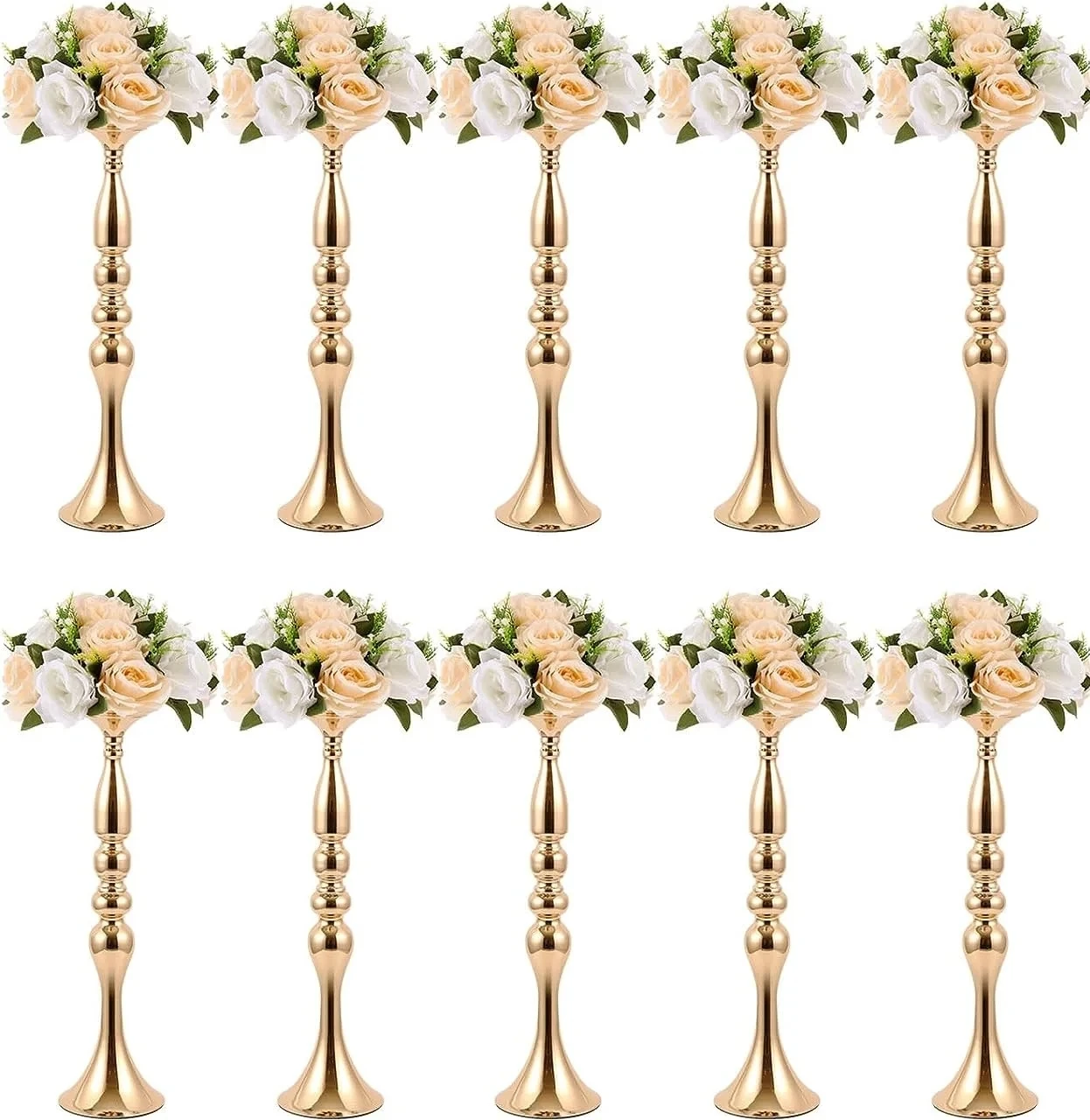 

10Pcs Gold Metal Flower Wedding Centerpieces Stand for Table Tall Versatile Flower Arrangement Flower Vase Stand Pillar