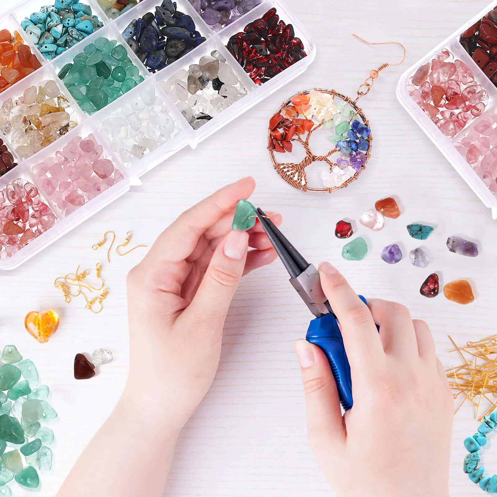 Box of Natural Gemstone Beads Stones Pre Drilled Hole for DIY Craft Bracelet Ring Earring Making Copper Wire Included