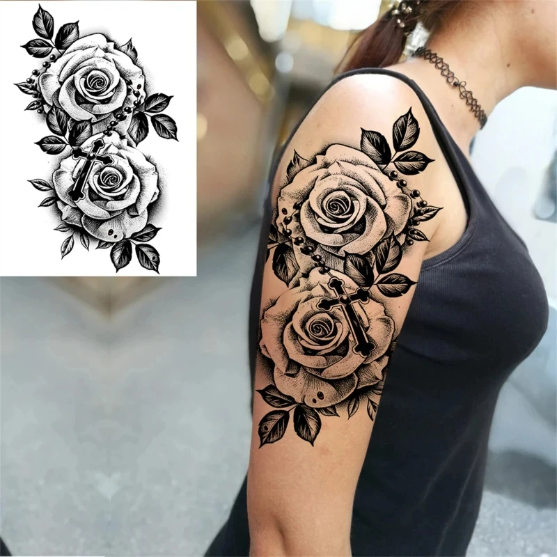 Black Temporary Tattoos Realistic Women Body Arm Art Compass Flower Henna Mandala Waterproof Character Fake Girl Tatoo Sticker