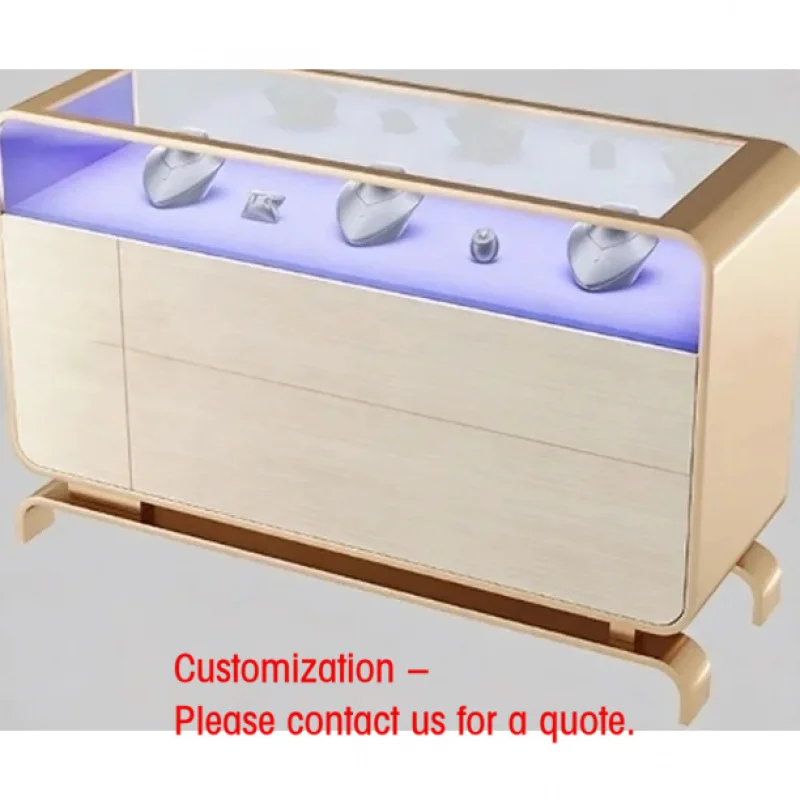 custom.Light Luxury Rounded Corner Jewelry Display Cabinet LED Lighting Champagne Gold Stainless Steel Glass Storage Drawers