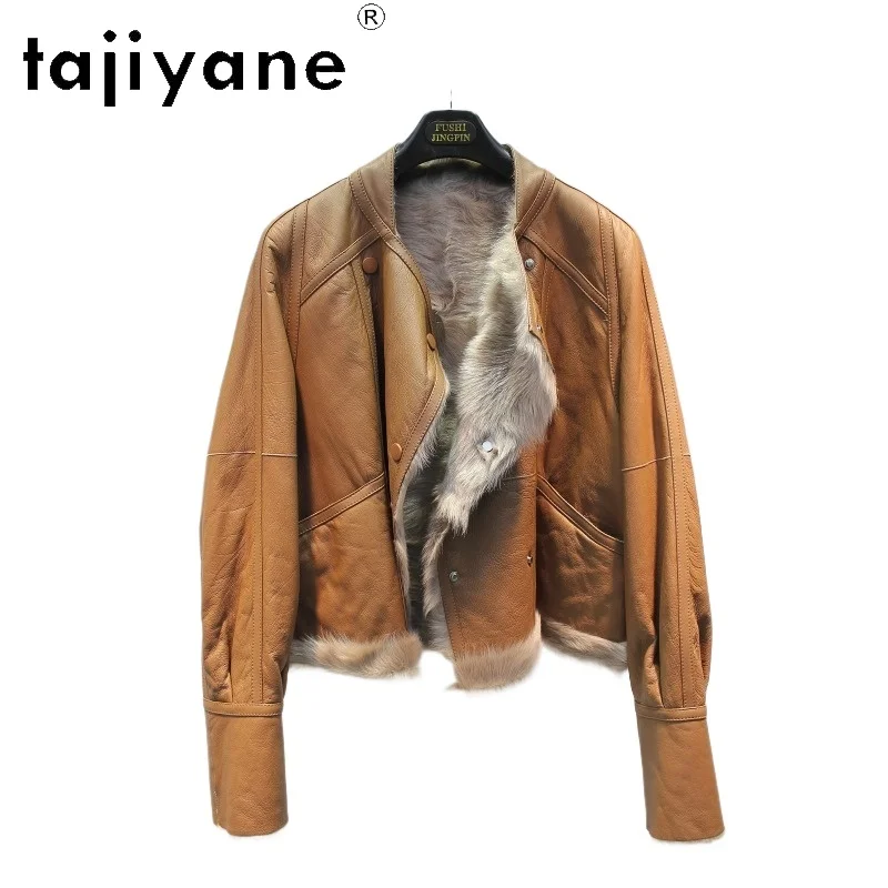 TAJIYANE Soft Huyang Lamb Shearling Fur Coat Women Short Biker Outerwear Vintage Real Fur Jacket Double Breasted Overcoat Шуба