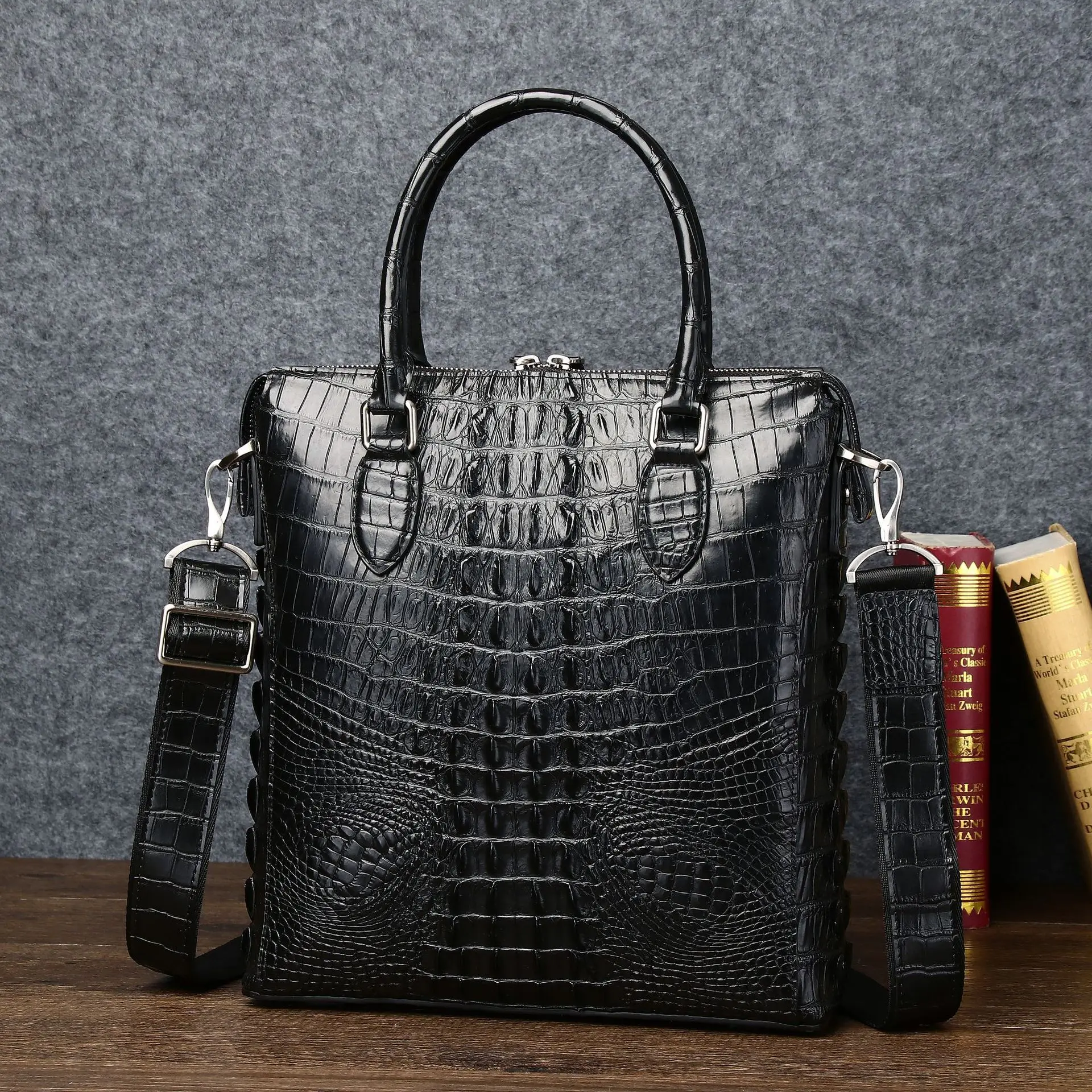 Crocodile Bone Pattern Fashionable Leather Briefcase Business Office File Handheld Large Capacity High-end Men's Single Shoulder