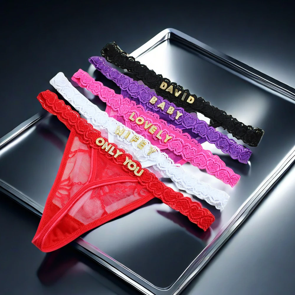 M L XL Size Custom Name Panties Crystal Letters Personalised Thongs Women Lace Bikini G-String Girlfriend Birthday Hotwife Gift