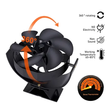 Ventilador de fogão movido a calor com 6 lâminas, ventilador giratório de 360 graus para lareira, queimador de madeira, ventilador ecológico, silencioso e eficiente, ventilador de distribuição de calor