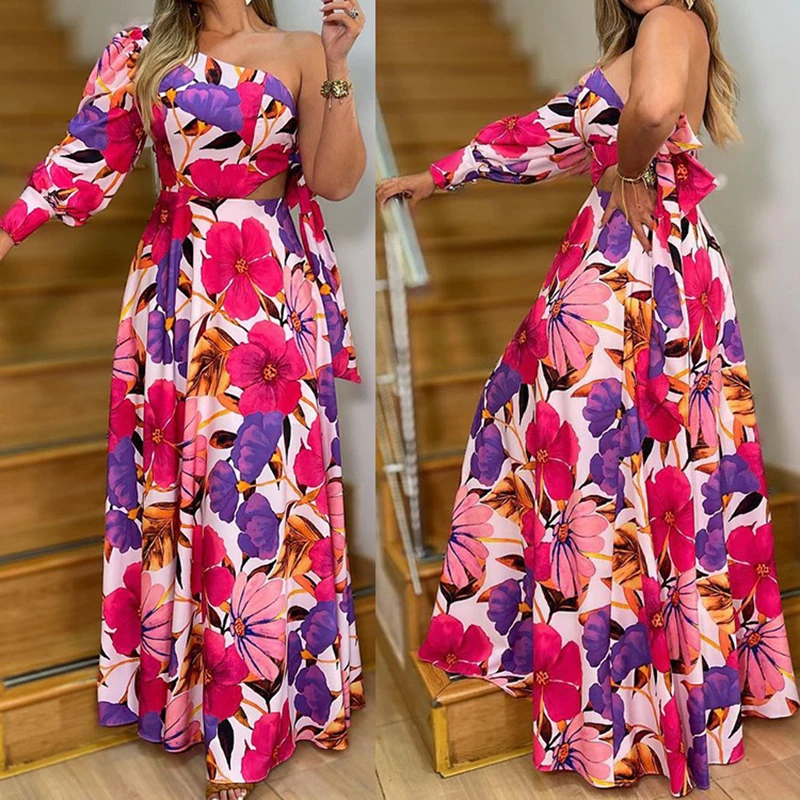 Seksowna sukienka maxi z odkrytymi ramionami, w kwiatowy wzór, elegancka sukienka świąteczna z wysoką talią i wycięciami, modna asymetryczna sukienka boho na imprezę, sznurowana.