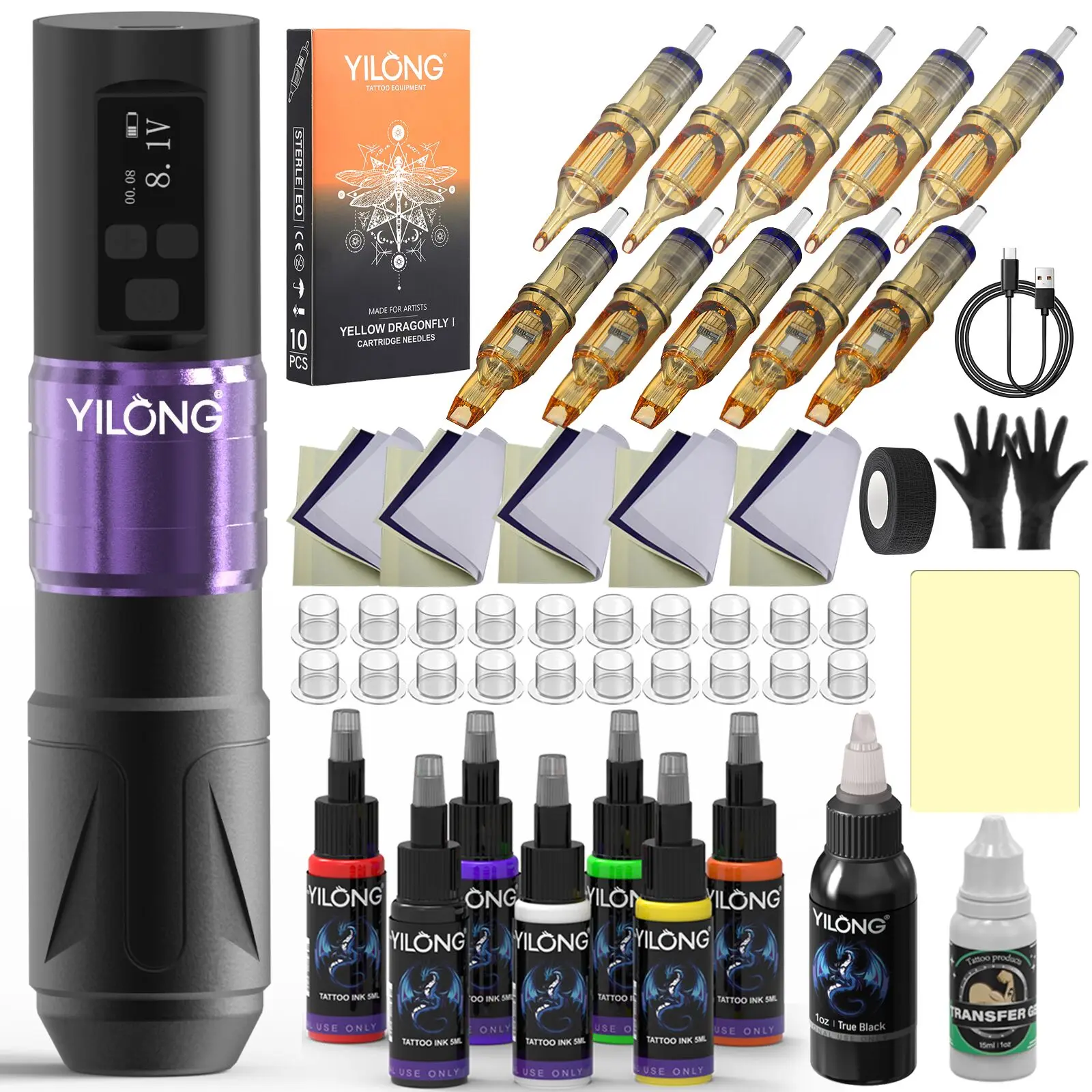 YILONG Wireless Tattoo Pen Kit 1600mAh Battery Rotary Tattoo Machine with LED Display for Professional Body Art