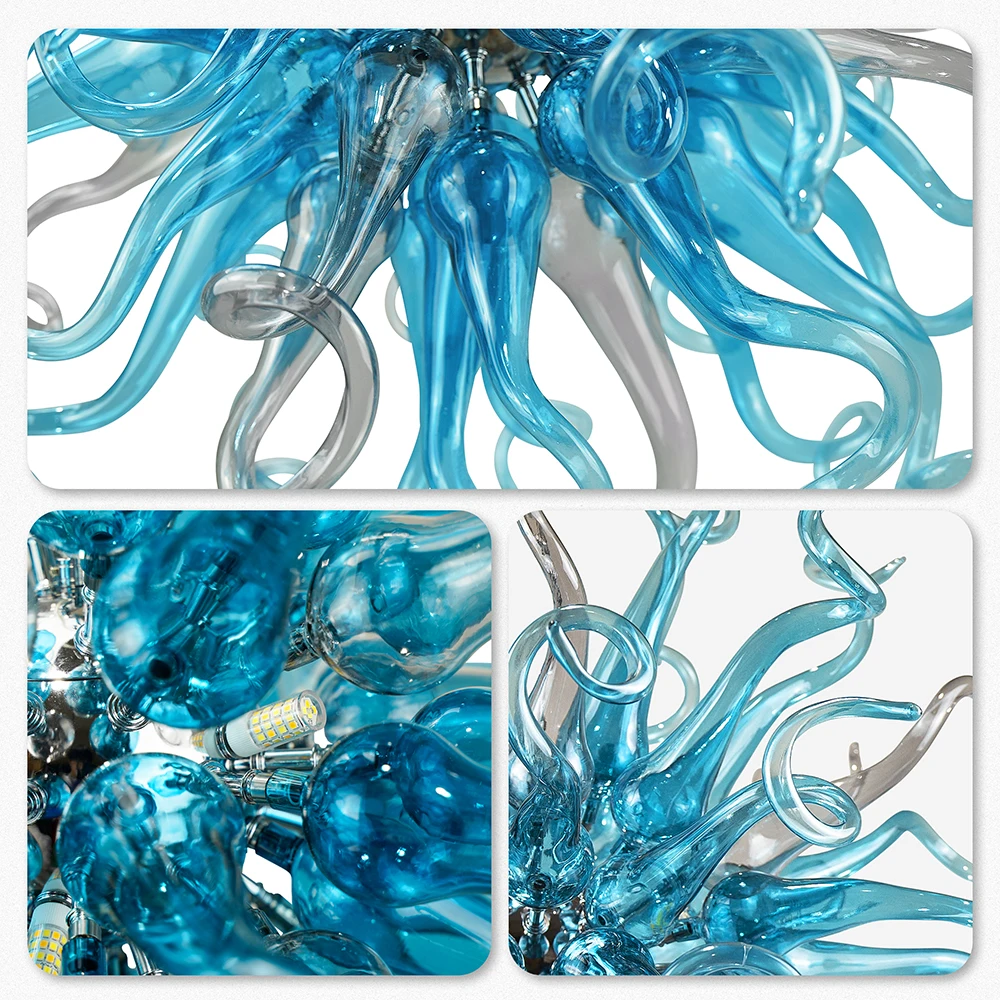 LONGREE Blue ChandeliersModern Hand Blown Glass Art Ceiling Light Hanging Pendant Light Fixture for Bedroom Living Room