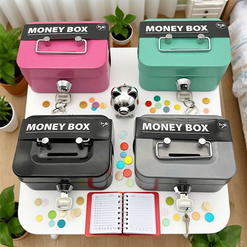 صندوق أمان المال، صندوق نقود قابل للقفل مع مفتاح، صندوق أصبع محمول مصنوع من المعدن، صندوق قفل أمان صغير، صناديق عملات معدنية قوية للأطفال #1