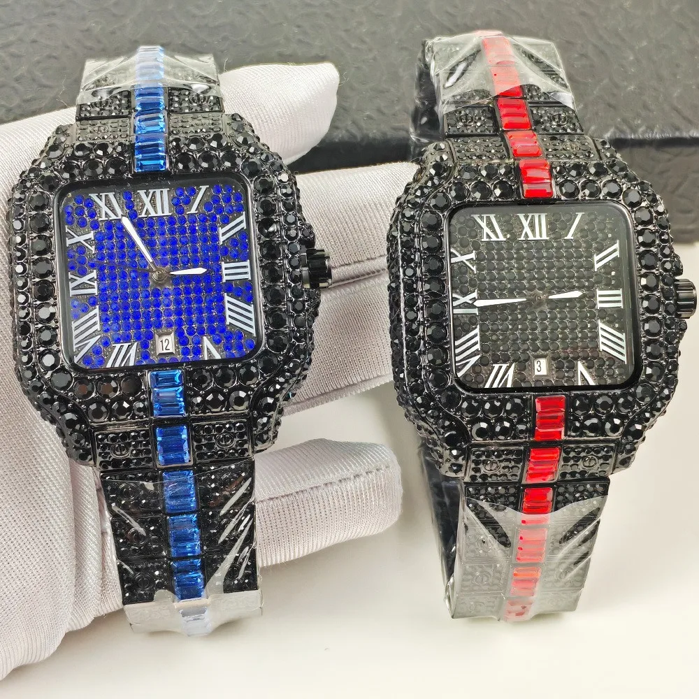 

Роскошные кварцевые часы с черными бриллиантами для мужчин, роскошные модные водонепроницаемые мужские наручные часы в стиле хип-хоп, мужские часы с квадратными бриллиантами