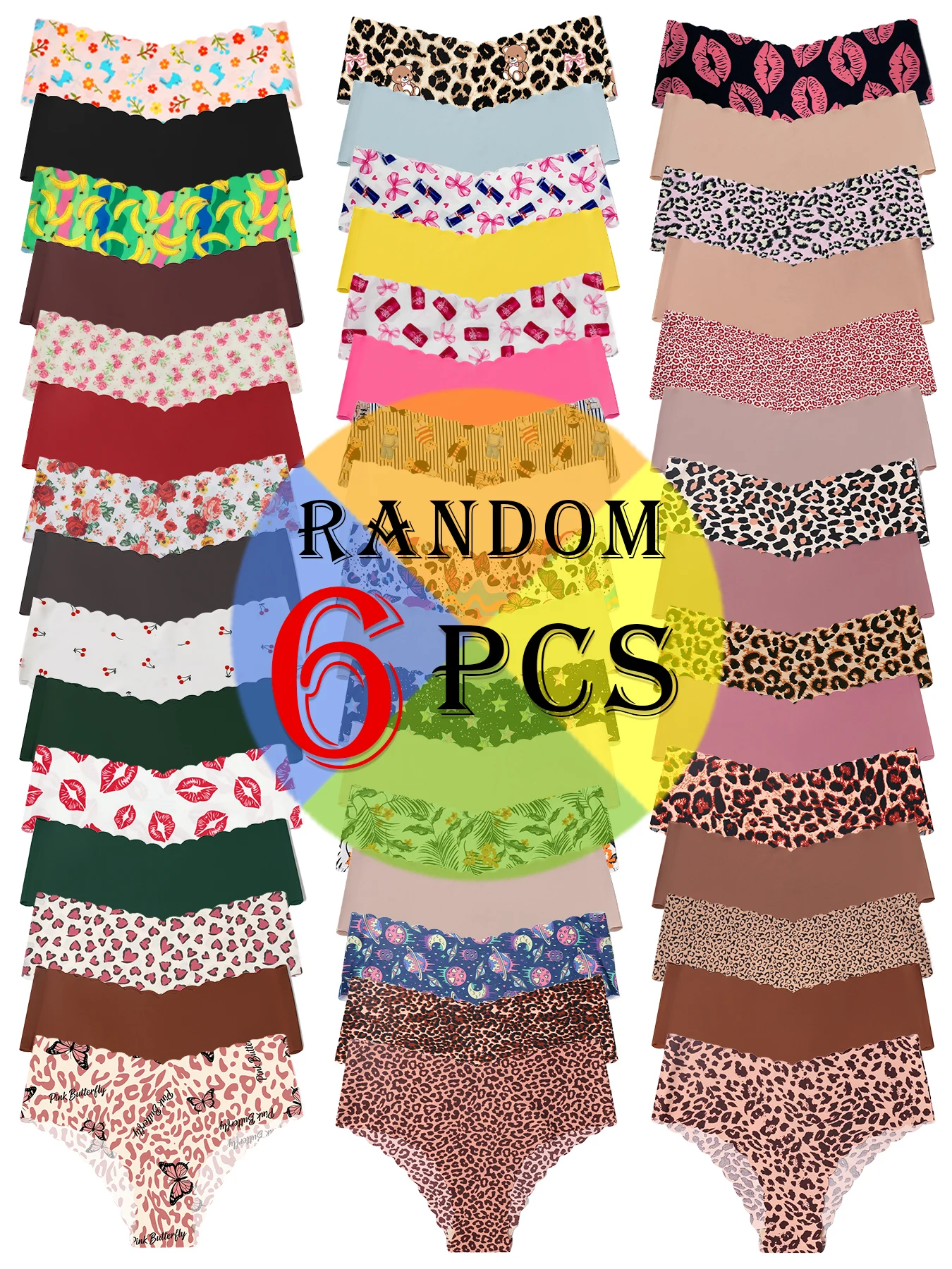 6PCS Random Scalloped V-Waist Thongs, Assorted Leopard Floral Lip Print Seamless Soft No Show Women Underwear