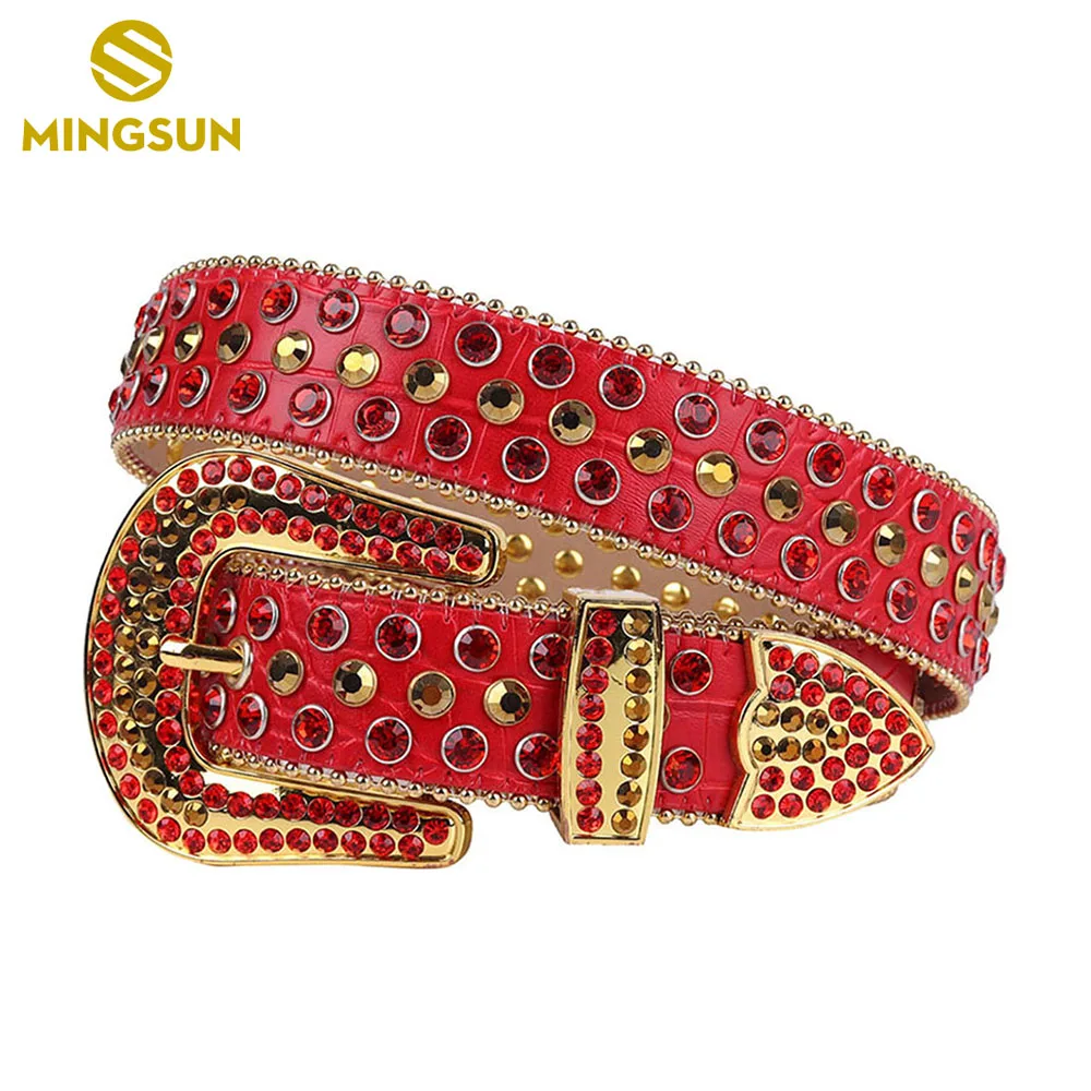 

Red Leather Belts For Women Gold Large Diamond Buckle Belt Western Cowboy Cowgirl Rhinestone Studded Belt Cinturones Para Hombre