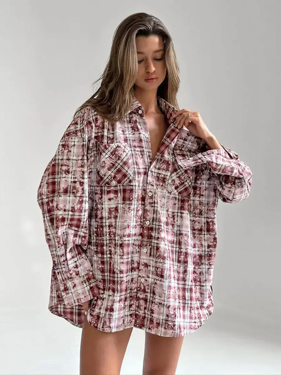 Personalized Street Retro Vintage Plaid Shirt Women's Spring  Autumn New Loose Outer Long Sleeved Women Shirt