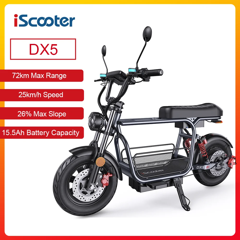 IScooter DX5 E-Motorrad für Erwachsene, 48V 15,6Ah Batterie, 25 km/h Geschwindigkeit, 60-72 km Reichweite, 15 Zoll große Reifen, NFC-Entsperrung, eingebauter Sitz und Aufbewahrungskorb.