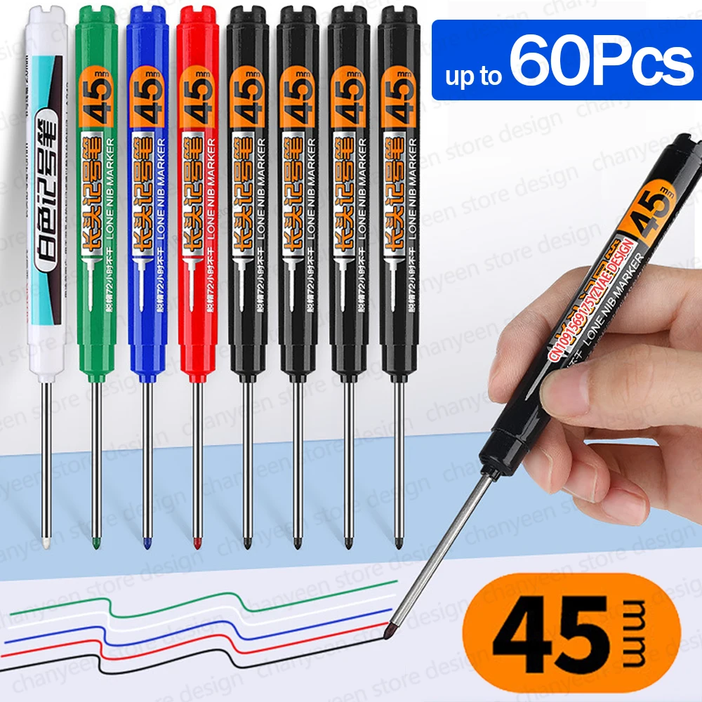 

4-60Pcs 45mm Long Nib Head Carpenter Pen Deep Hole Marker Pens Black/Blue/Red/White for Measuring Woodworking Hand Tools