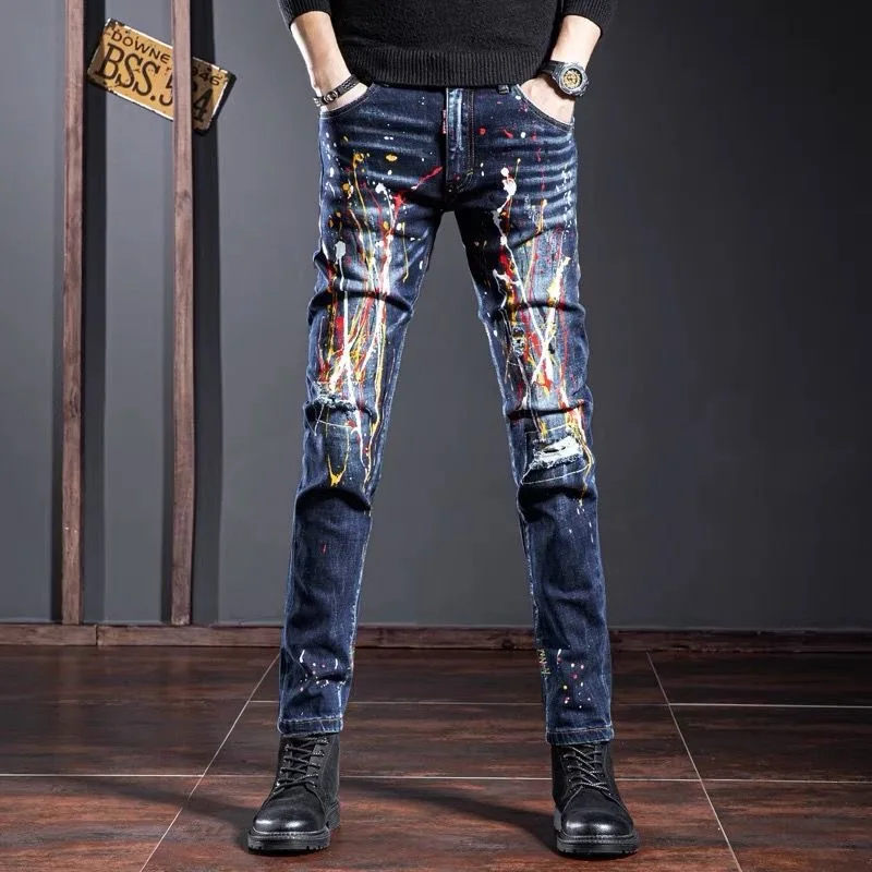 Calça jeans casual confortável respirável de alta qualidade masculina, com elástico estampado, pés pequenos, nova tendência da moda, 28-34, primavera e outono, 2023