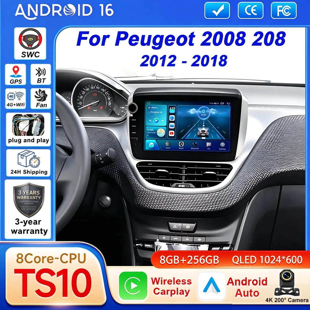 Android 16 Car Radio For Peugeot 2008 208 2012-2018 Wireless CarPlay Android Auto Car Intelligent Systems GPS Autoradio Stereo