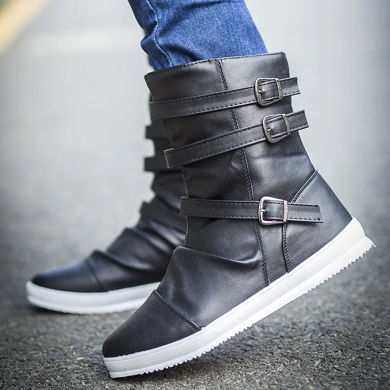 Autumn winter models belt buckle men's boots high boots fashion outdoor boots trend   botines planos 남성 신발 M745