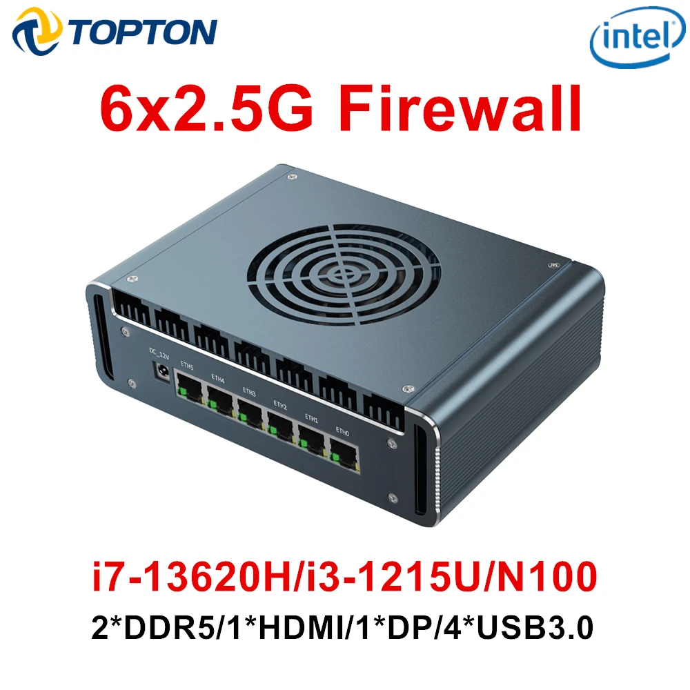Topton Solid I7 13620H I3 1220P N300 Core 3 100U Firewall Mini-PC 6x2.5G LAN DDR5 NVMe Proxmox PfSense OPNsense Mini-Computer