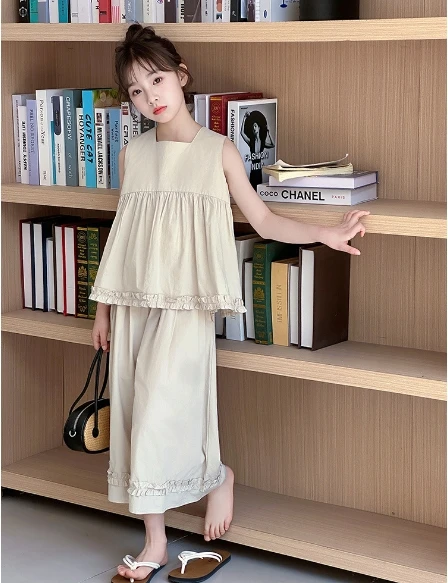 Girls Set 2025 Summer New Childrens Clothes Korean Style Baby Girl Sweet Sleeveless Lace Top Straight Leg Pants Two-piece