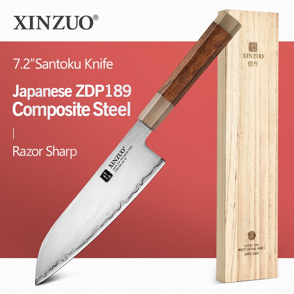 

NEW XINZUO 7.2'' Santoku Knife Japanese Composite Steel Sashimi Knife Sushi Knife Domestic Kitchen Knife Paulownia Wood Gift Box