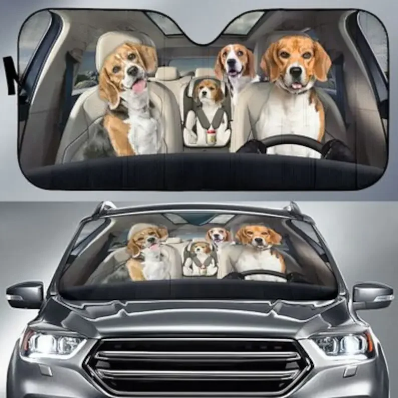 Beagle Family Funny Safe Driver Auto Sun Shade Car Accessories, Windshield Sunshade, Custom Animal Pattern Sunshade,