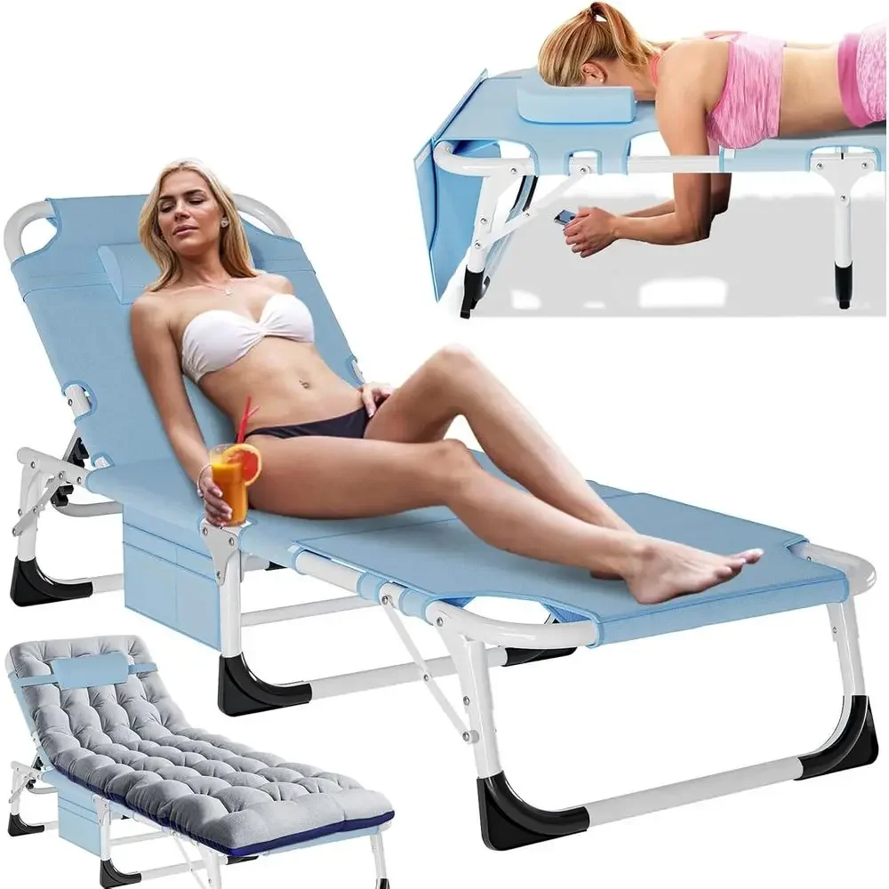 Outdoor Adjustable Chaise Lounge Chairs, Portable Folding Bed Cot for Beach, Lawn, Camping, and Pool Sunbathing