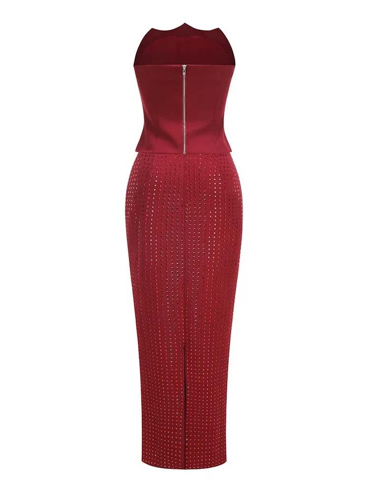 Mulheres diamantes saias finas conjunto de duas peças sexy vinho vermelho sem alças colheita topo + longo fino strass skits ternos festa natal conjunto