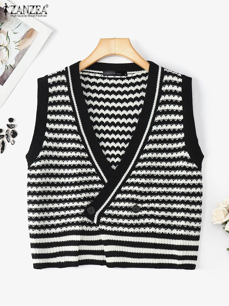 

Styish Knitted Sweater Vest 2025 ZANZEA Women Autumn V Neck Sweaters Office Buttons Up Jumpers Elegant Sleeveless Basic Pullover