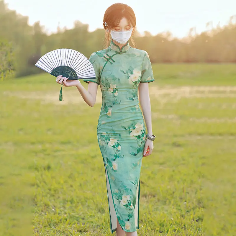 Green Vintage Elegant Qipao Women's Spring Summer Evening Dress Chinese Style Traditional Slim Robe Dresses Cheongsams Clothing