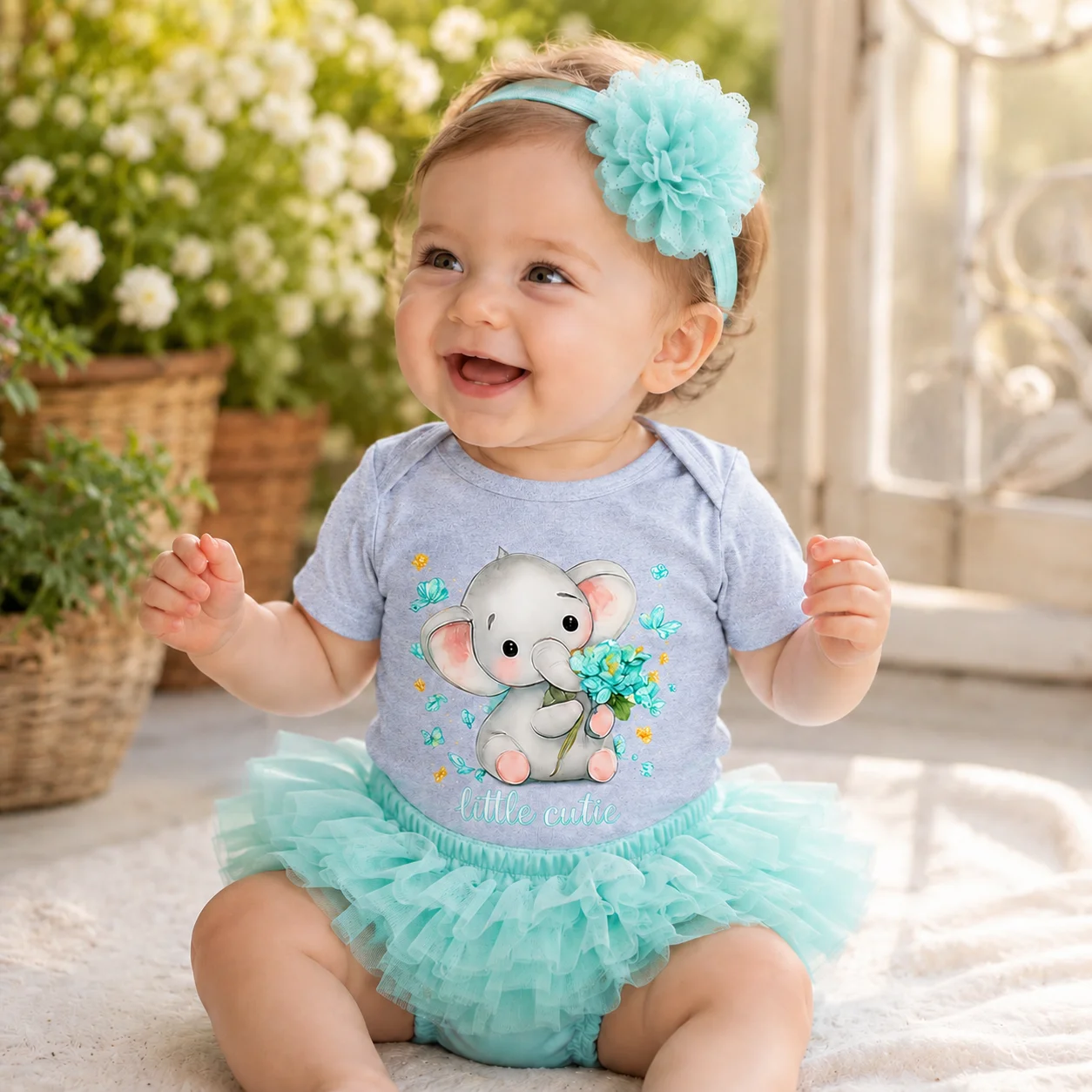 6-18M Infant Baby Girl Clothes Set Cute Elephant Print Short Sleeve Bodysuit Tutu Bloomer with Headband Newborn Photography Outf 6