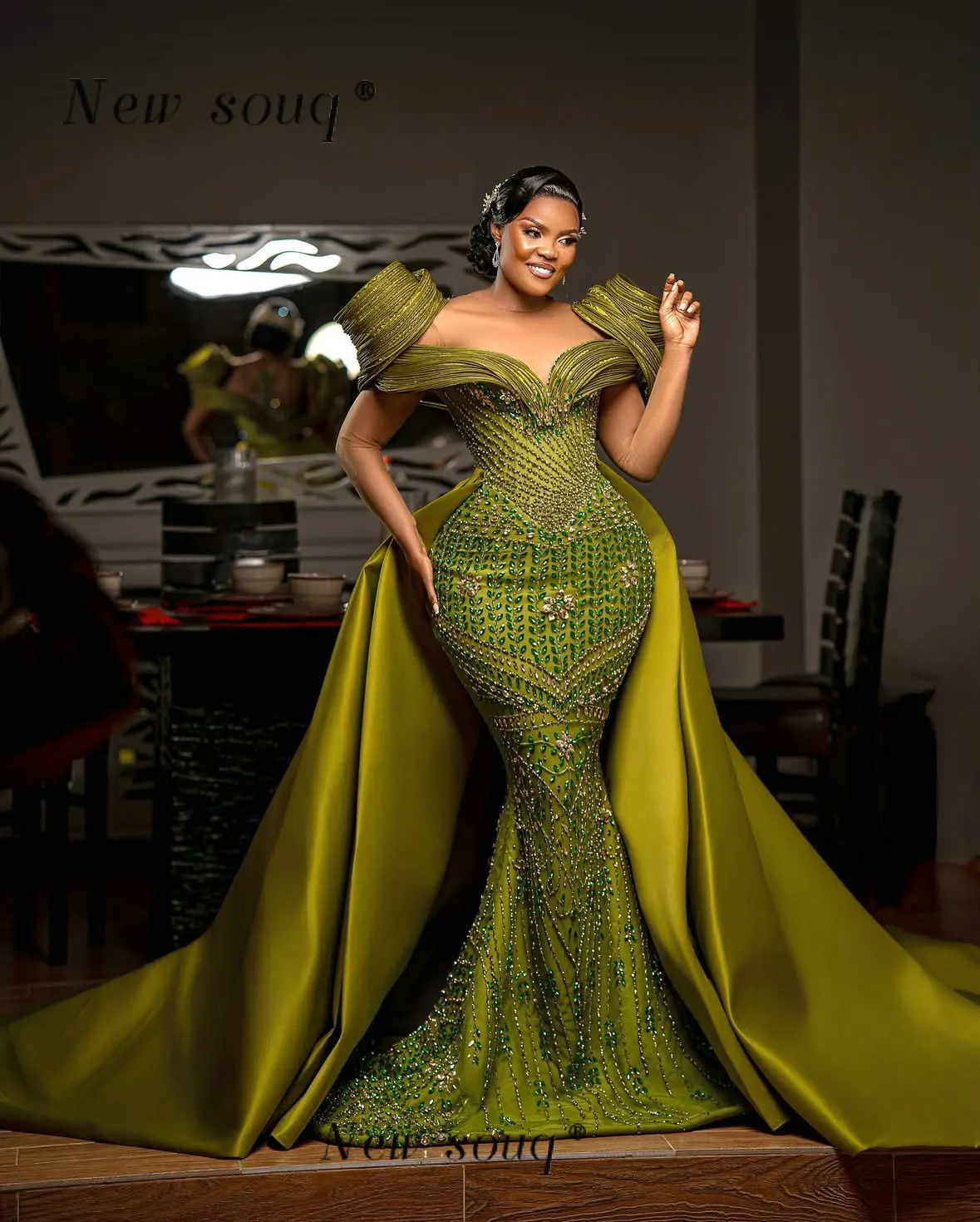

Aso Ebi Nigeria Green Two Pieces Evening Party Dresses Customized Luxury Crystals Beaded Wedding Reception Party Gowns Plus Size