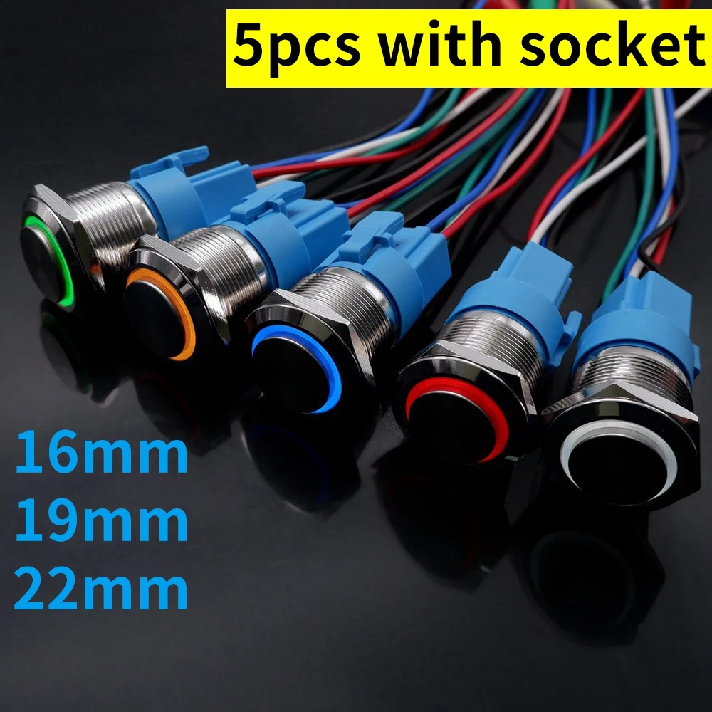 

5 pcs Metal Push Button Switch 16/19/22MM Momentary/Latching Led Backlit 5/12/24/220V With Fixation Power Start Stop Turns On/Of