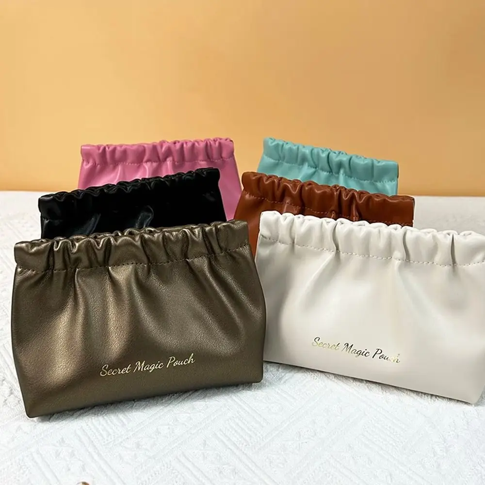 Data Cable Storage Bag Korean Style PU Leaf Spring Bag Self-closing Solid Color Small Item Bags Storage Bag Cosmetic Bag Women
