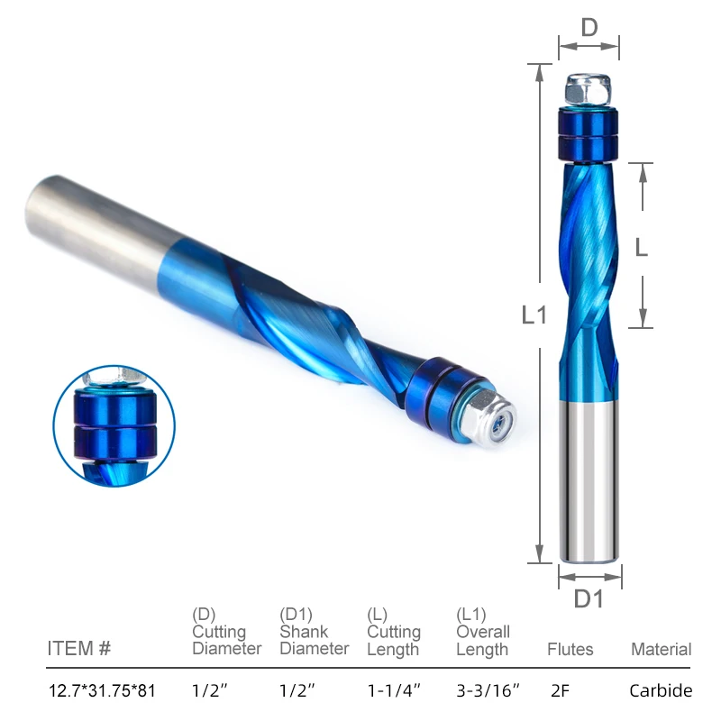 XCAN Router Bit Two Flute Flush Trim Wood Milling Cutter UP Cut Mill with Bearing 1/4 1/2 Shank Spiral End Mill