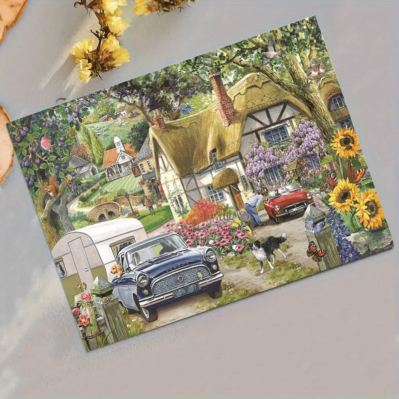 Rompecabezas grande, escena de campo inglés vintage con coches clásicos de cabaña y girasoles, rompecabezas desafiante de 1000 piezas, 27.