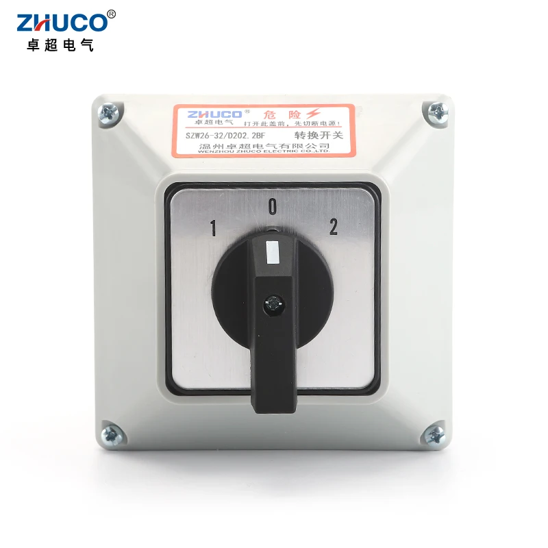 ZHUCO SZW26/LW26-32 32A 3 Position 2 Phase 8 Screws Automatic Universal Changeover Rotary Knob Cam Switch With Waterproof Box