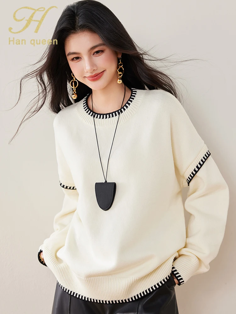 H Han Queen 2025 Spring Autumn Tops Korean Lazy Style Long Sleeve Vintage Casual Pullover Sweaters Korean Style Women's Clothing