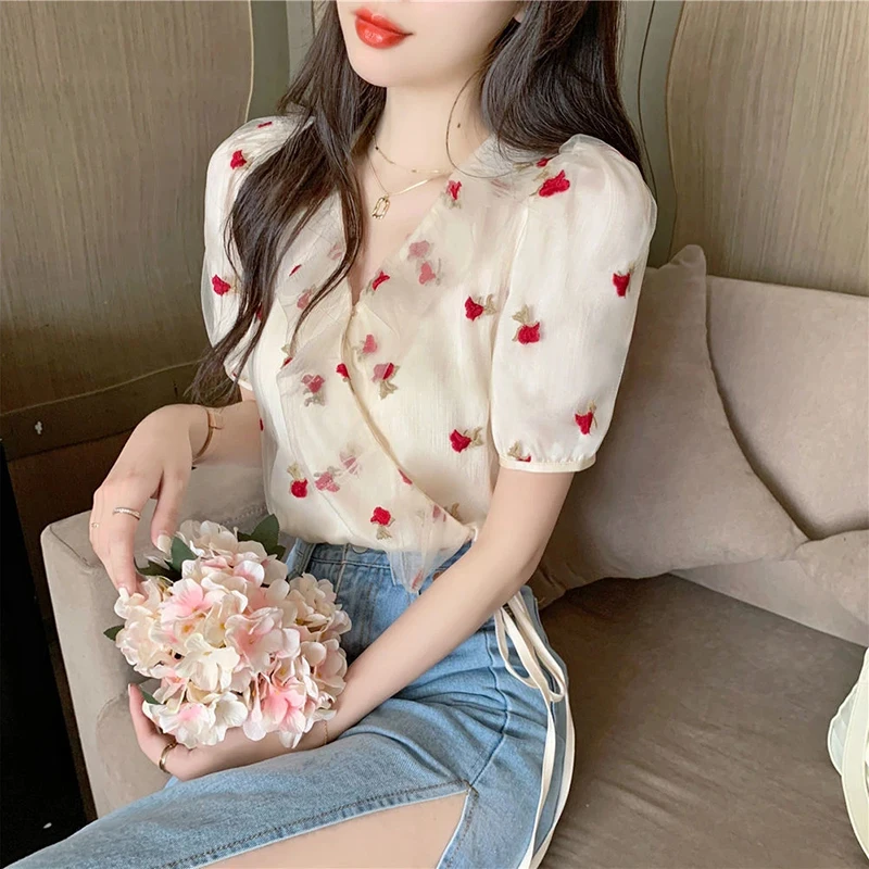 MEXZT Vintage Blouses Women Sweet Elegant Floral Bandage Shirts Korean Office Lady Print Puff Short Sleeve Loose Casual Tops