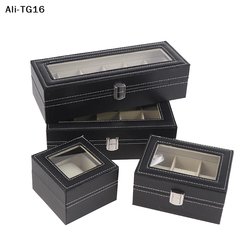【Ty2】【1Pc 2026  Black PU Watch Box Display Case Organizer With Framed Glass Lid And Removable Pillow For Men And Women