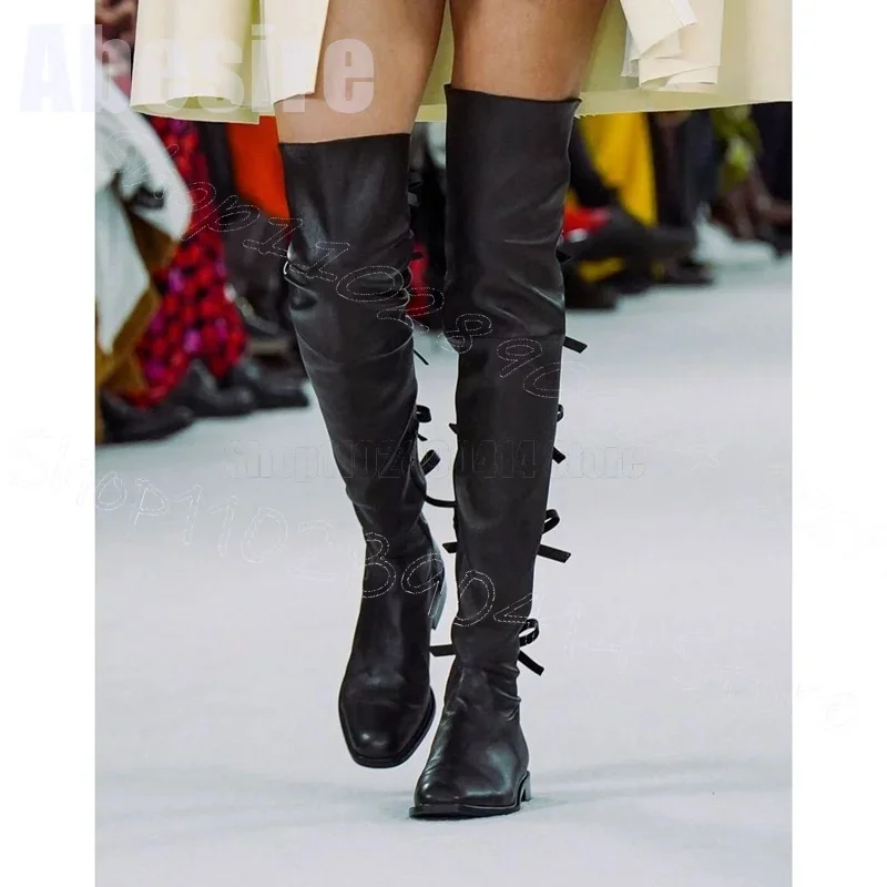 

Black Bow Knot Square Toe Thigh High Boots Side Zipper Women Shoes Chunky Heels Party Banquet Runway 2025 Zapatos Para Mujere
