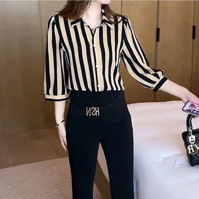 2024 New Summer Elegant Fashion Striped Knitting Office Lady Women\'s Shirt Elegant Fashion Chiffon V Neck 3/4 Sleeve Chic Tops