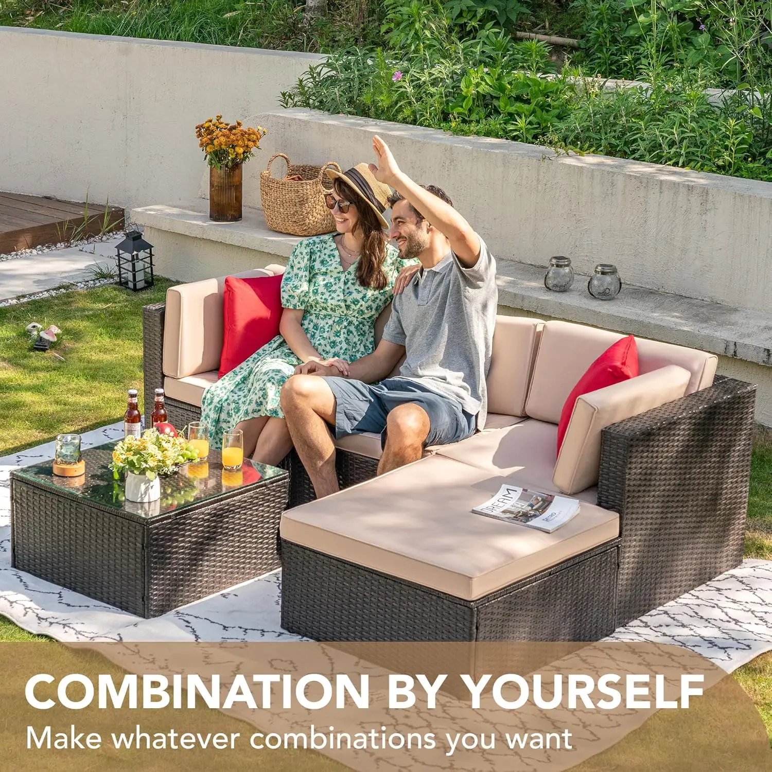 5 Pieces Patio Furniture Sets All Weather Outdoor Sectional Patio Sofa Manual Weaving Wicker Rattan Patio Seating Sofas with Cus
