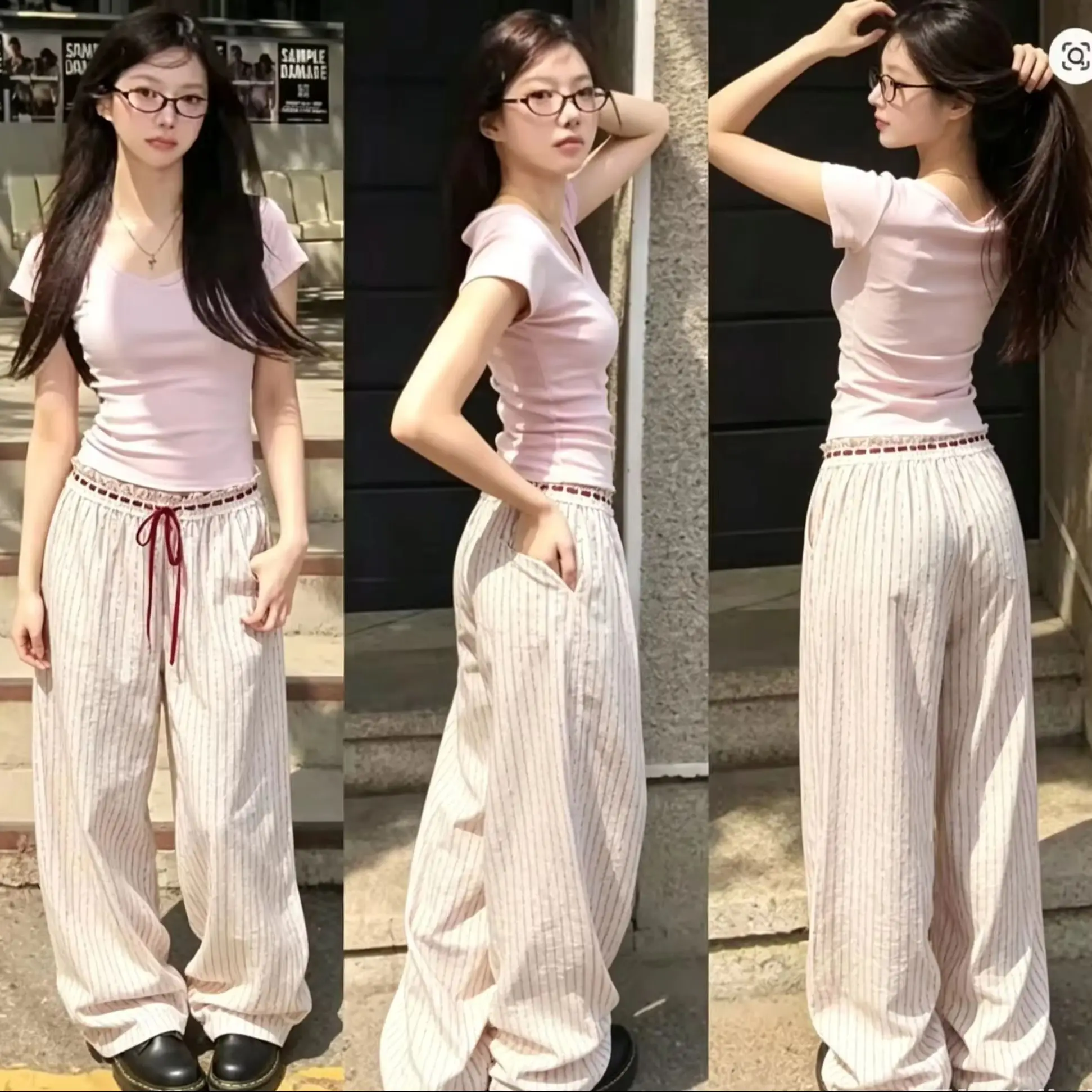 Summer Korean Y2K Striped Drawstring Casual Pants Loose Straight Leg Trousers Vacation Daily Sweet Streetwear Women Clothing