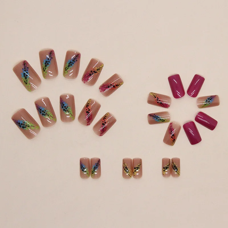 24 قطعة من أظافر قوس قزح - قاعدة أرجوانية مع نقاط ملونة، شكل باليه قصير، أظافر صناعية على طراز البوب المرح للنساء #1