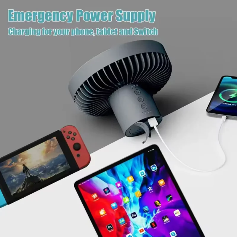 2025 رائجة البيع المحمولة اللاسلكية مروحة قابلة للشحن 10000mAh خيمة التخييم في الهواء الطلق استخدام مكتب ودية مع الإضاءة LED الخارجية